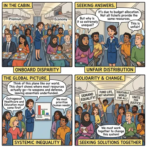Diverse Airplane Scene: Inequality and Solidarity Illustrated
