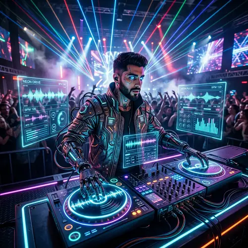 Futuristic Middle-Eastern Male DJ with Bionic Turntables