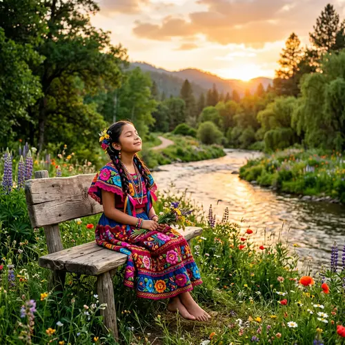 Hispanic Girl in Traditional Attire Embracing Nature's Peace