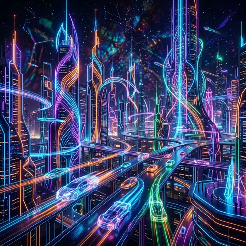 Abstract Futuristic City Skyline in Neon Lights