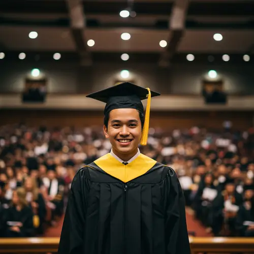 Graduation Picture in Black Toga and Yellow Hood