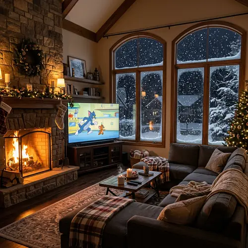 Cozy Living Room with Snowy Views
