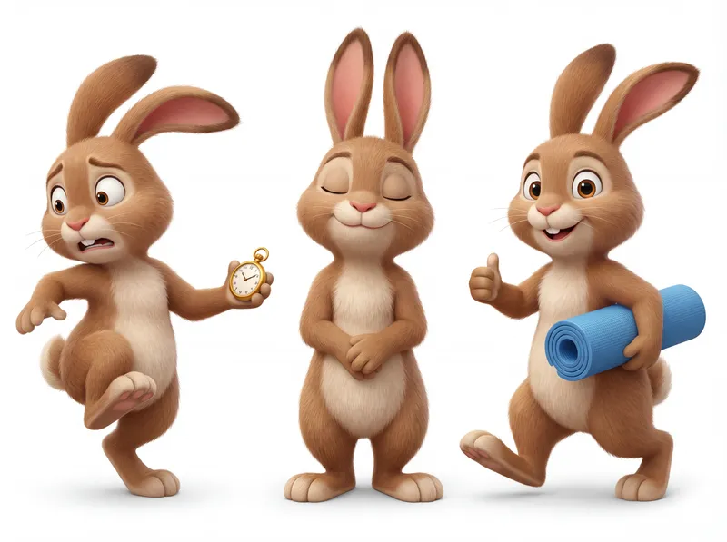 3D Cartoon Rabbits: Stress, Calm, and Energy 3D Cartoon Rabbits: Stress, Calm, and Energy