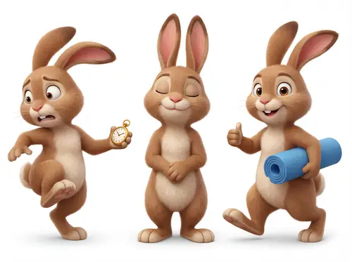 3D Cartoon Rabbits: Stress, Calm, and Energy