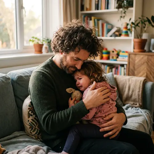 Curly Haired Man Soothing Child | Heartwarming Image