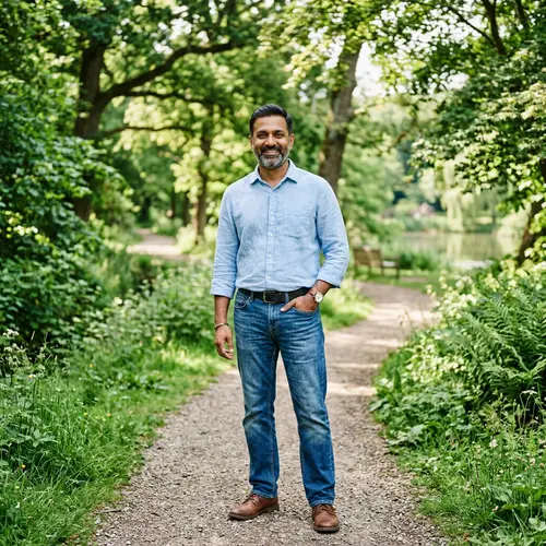 Middle-Aged South Asian Man in Casual Attire Outdoors