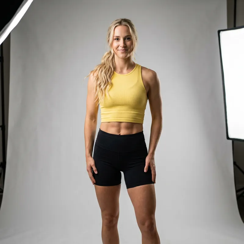 Fit Blonde Woman Posing in Studio - Yellow Tank Top