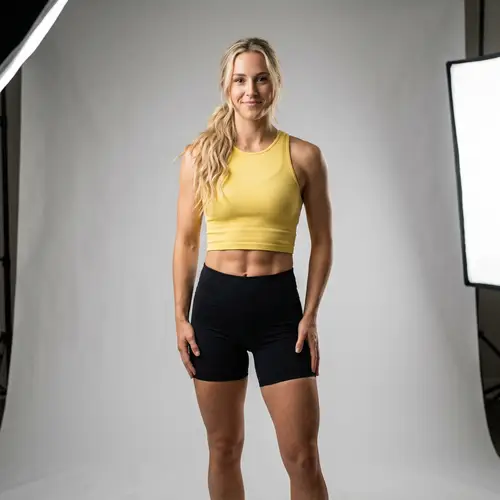 Fit Blonde Woman Posing in Studio - Yellow Tank Top