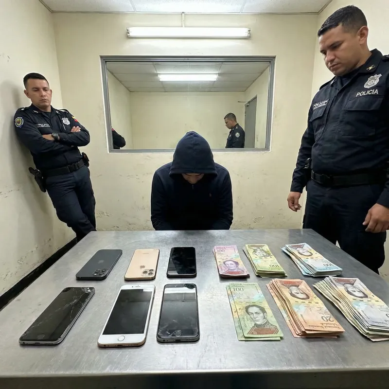 Police Interrogation Room Scene with iPhones and Cash