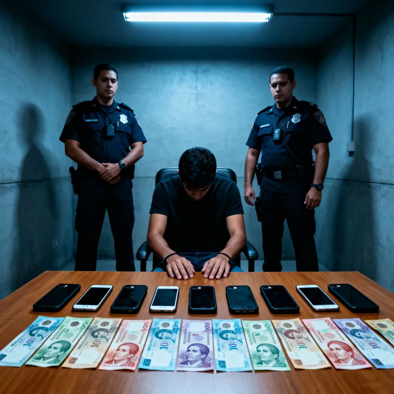 Police Interrogation Room Scene with iPhones and Cash