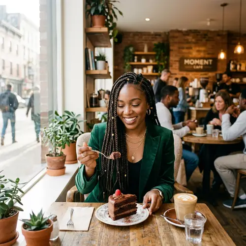 Elegant Black Girl Indulging in Decadent Chocolate Cake at Modern Cafe