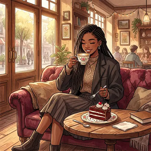 Tall Black Girl in Korean Comic Style Enjoying Cake in Vintage Cafe