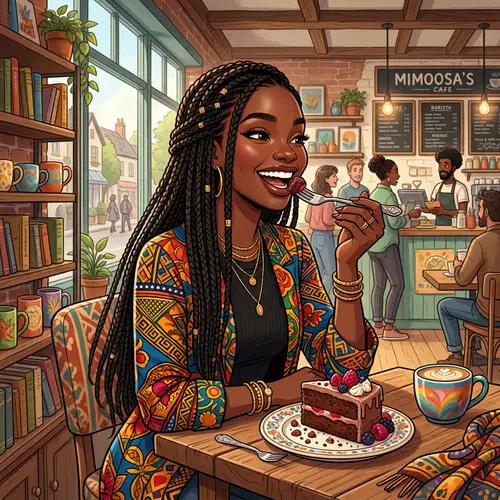 African Fashionista Enjoying Cake in a Cafe