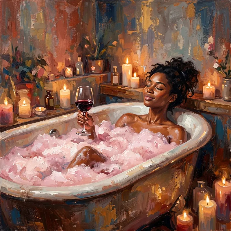 Tranquil Black Woman in Abstract Bathtub: Serenity and Wine