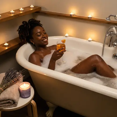 Luxurious Relaxation: Black Woman in Bubble Bath with Cocktail