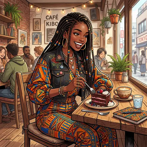 Chic Manga Style Black Girl Enjoying Cake in Cozy Cafe