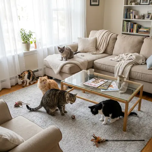 Colorful Cats Regurgitating in Cozy Living Room