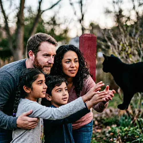 Diverse Family and Enigmatic Cat - Stop Sign Background