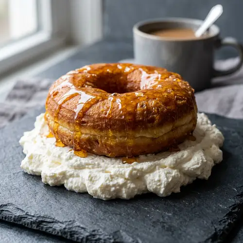 Golden-Brown Doughnut Drizzled with Honey and Cream
