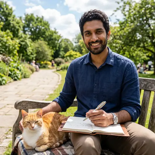 South Asian Man with Friendly Cat Outdoors
