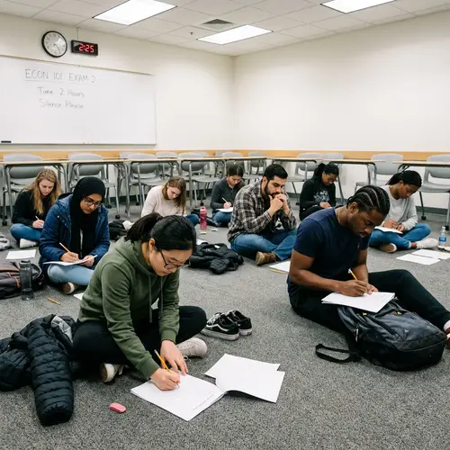 Diverse Students Intently Focused on Exams in Classroom Setting