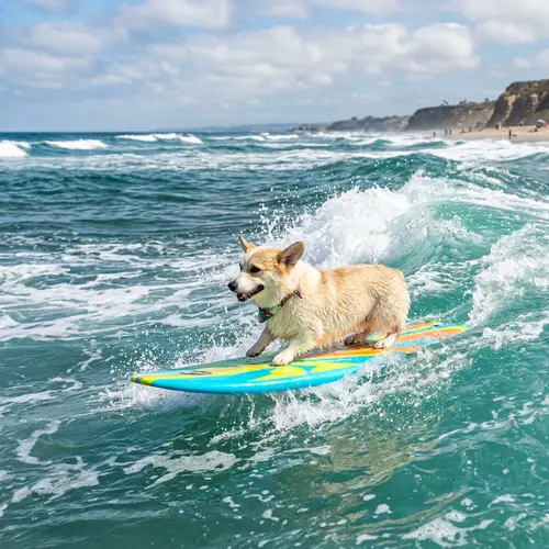 Playful Corgi Dog Surfing on Bright Surfboard