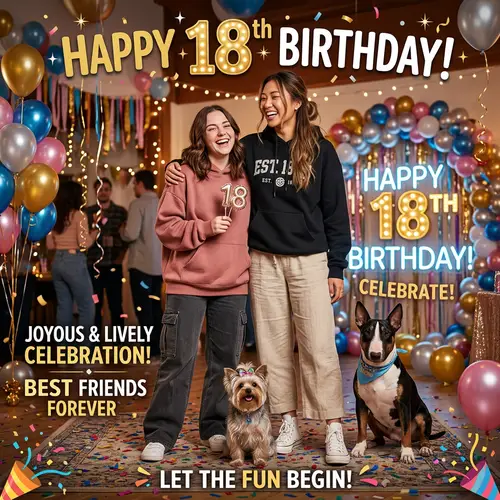 Vibrant 18th Birthday Celebration Poster with Diverse Characters and Pets