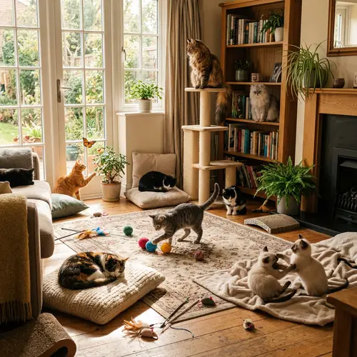 Cat Breeds Enjoying Various Activities in Sunlit Room