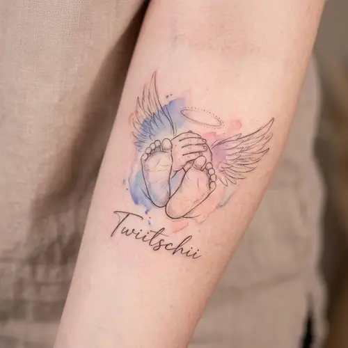 Sketch Watercolor Tattoo of Baby's Feet and Hands with Angel and 'Twiitschii'