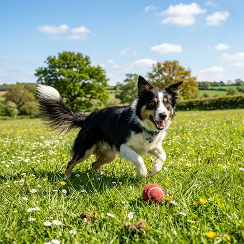 Energetic Dog Playing Ball in Sunny Grassy Field