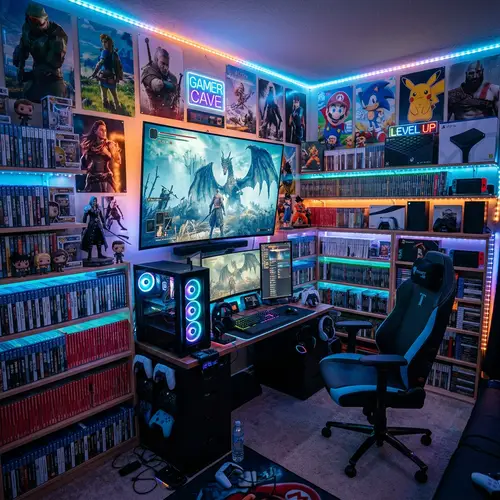 Gamer Room: Video Games, LED Lights, Swivel Chair