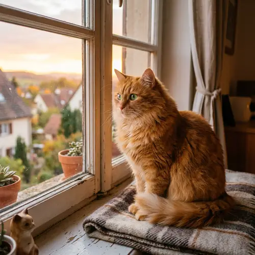 Beautiful Sunset Cat Sitting Comfortably on Windowsill