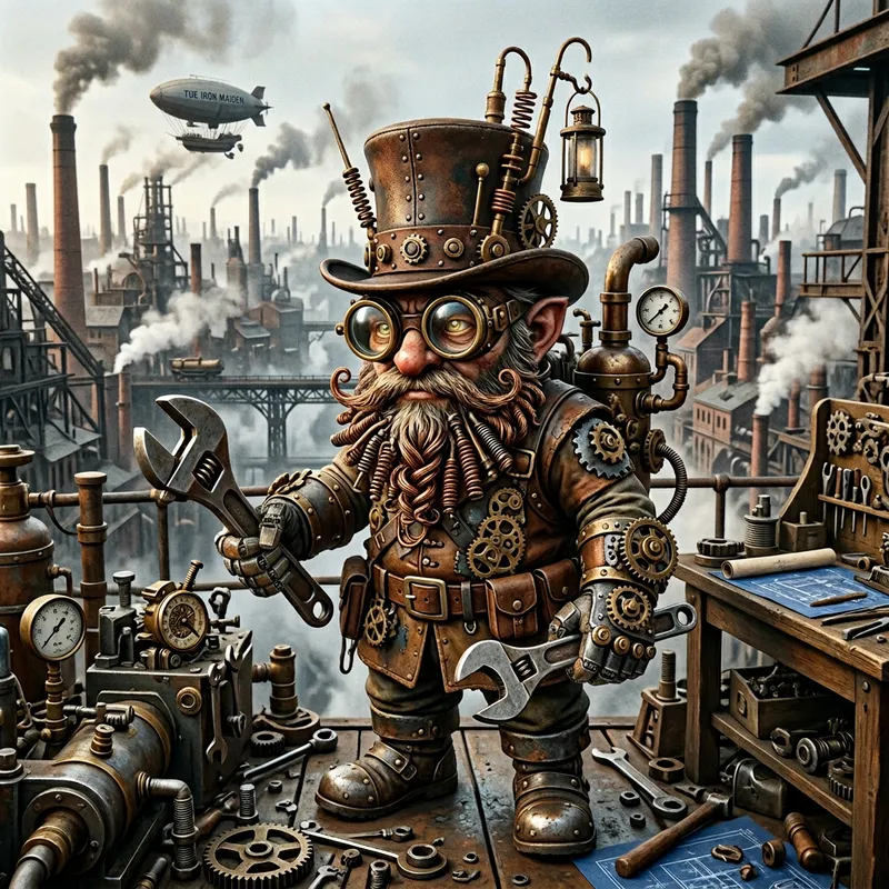 Steampunk Gnome in Industrial Cityscape