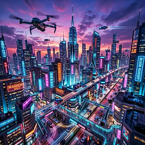 Futuristic Cityscape at Dusk: Vibrant Neon Lights & Flying Cars