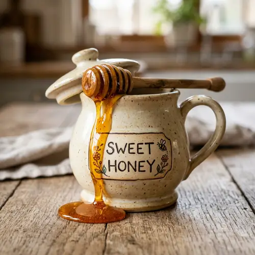 Sweet Honey Pot with Wooden Dipper | Amber Honey Oozing