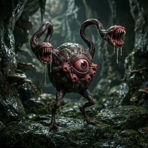 Eerie Creature with Crimson Eye and Gnashing Teeth