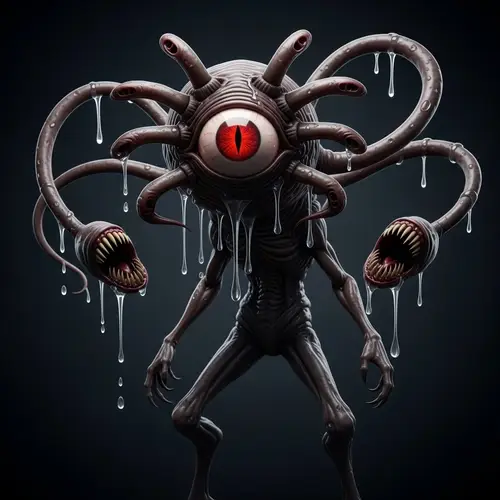 Eerie Creature with Crimson Eye and Gnashing Teeth