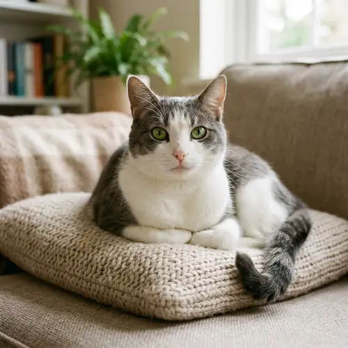 Beautiful Domestic Short-Haired Cat on Plush Cushion
