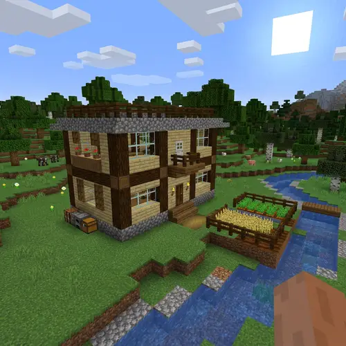 Blocky Minecraft-style House with Pixelated Farm Plots