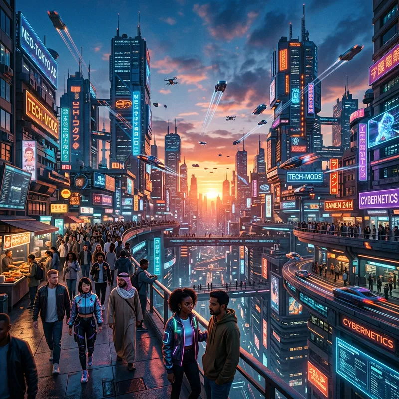 Neon Cyberpunk Cityscape | Futuristic Aesthetics Sunset View