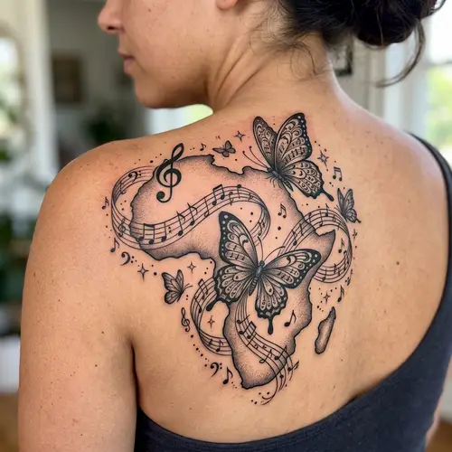 Butterfly and Musical Note Tattoo Design with African Continent Shape