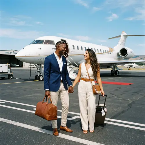 Luxury Private Jet Adventure with Happy Black Man and Hispanic Woman