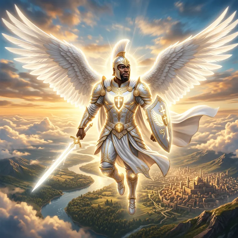 Black African Soldier Archangel in White Armor: Symbol of Fortitude Black African Soldier Archangel in White Armor: Symbol of Fortitude
