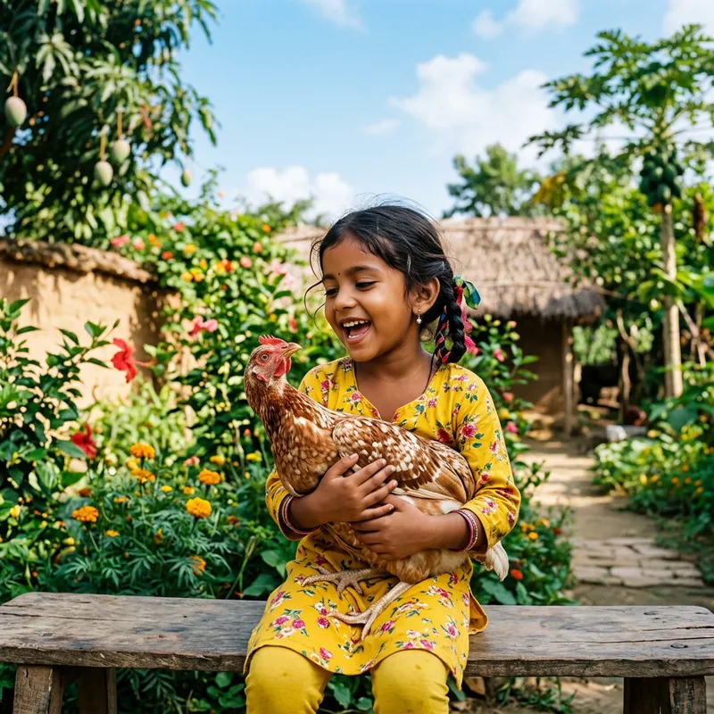 Child Singing Joyfully with a Chicken