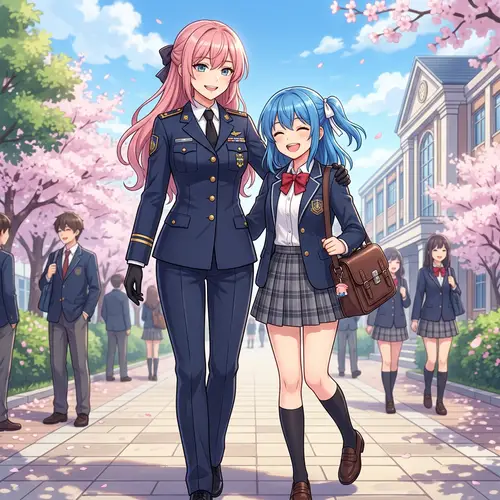 Anime-Style Illustration of Two Characters: Pink-haired Woman and Blue-haired Girl