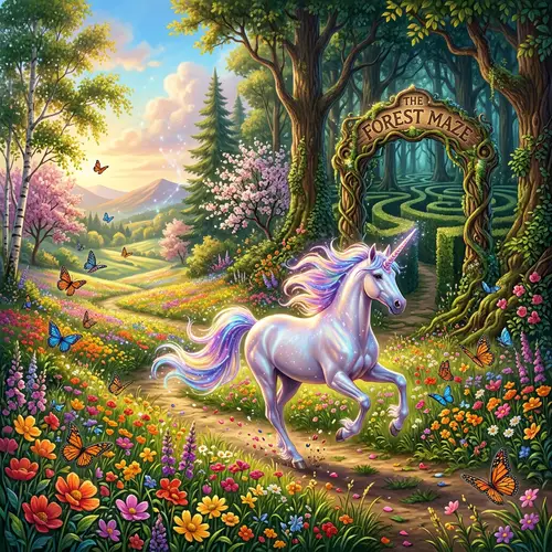 Magical Unicorn in Lush Meadow with Flowers and Forest Maze