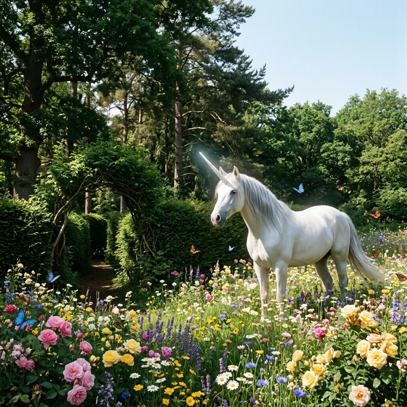Enchanting Unicorn in Meadow with Forest Maze