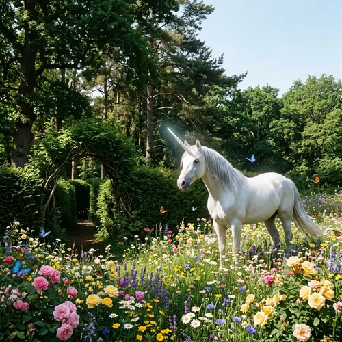 Majestic Unicorn in Vibrant Meadow with Butterflies and Forest Maze