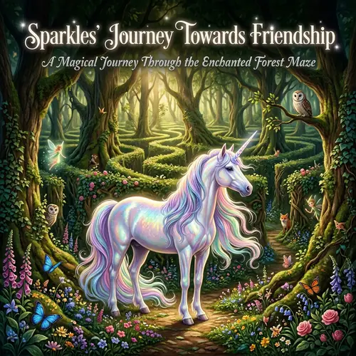 Sparkles' Journey: Ethereal Unicorn in Enchanted Forest Maze