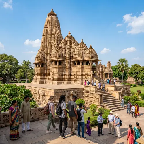 Ancient Khajuraho Temple: Detailed View & Intricate Stone Carvings